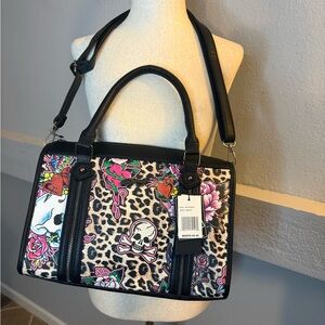 Ed Hardy Black and Pink Skull Floral Satchel